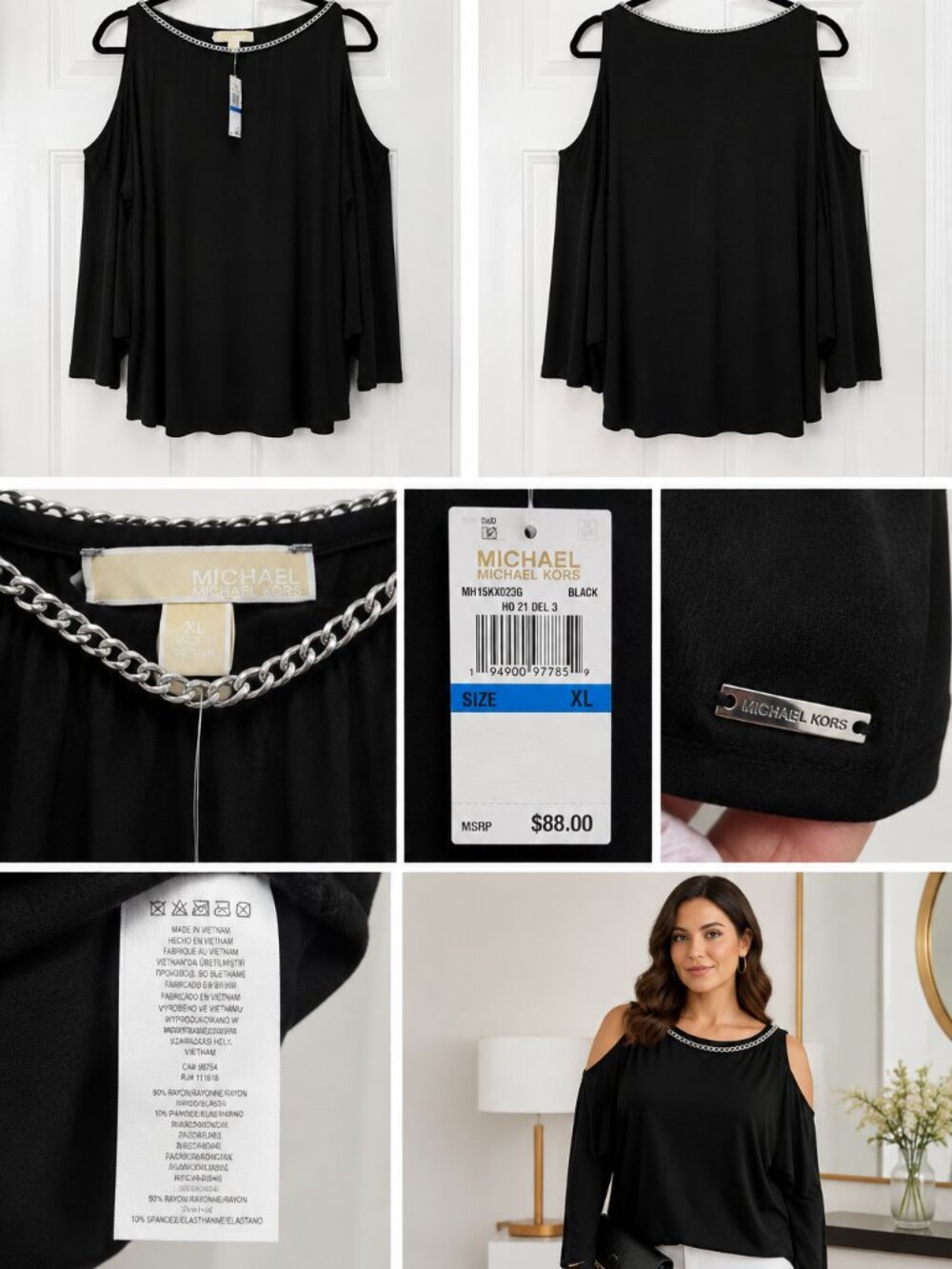 Michael Michael Kors Women Cold Shoulder Chain Neck Blouse Black XL Long Sleeve - Picture 3 of 11